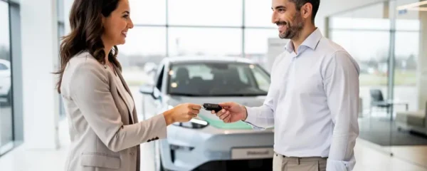 Un particulier reçoit les clés de son véhicule électrique dans une concession automobile