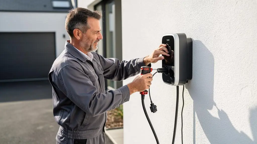 Technicien installant une borne de recharge électrique murale sur une maison individuelle